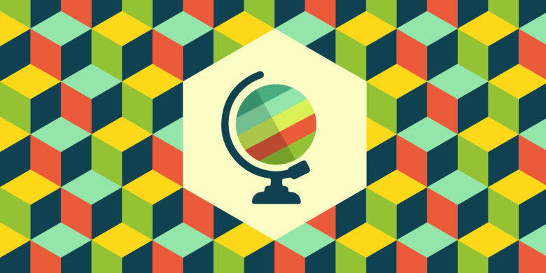 globe icon over a grid of colorful hexagons