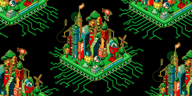 Green EFF 35th Anniversary digital cityscape on a black background.