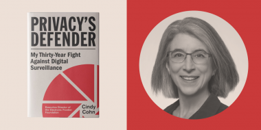 Book cover for Privacy's Defender + Cindy Cohn portrait