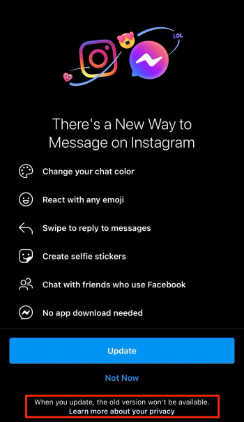 Image of Instagram Notification to update messenger