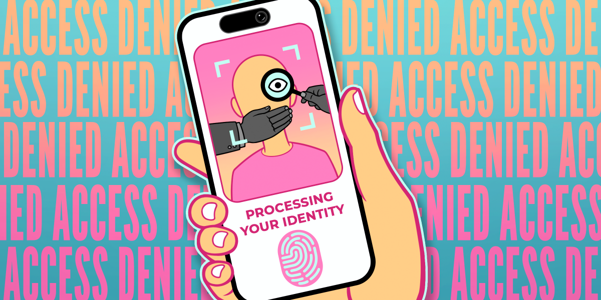 A hand holding a cellphone showing a verification screen and ACCESS DENIED in the background.