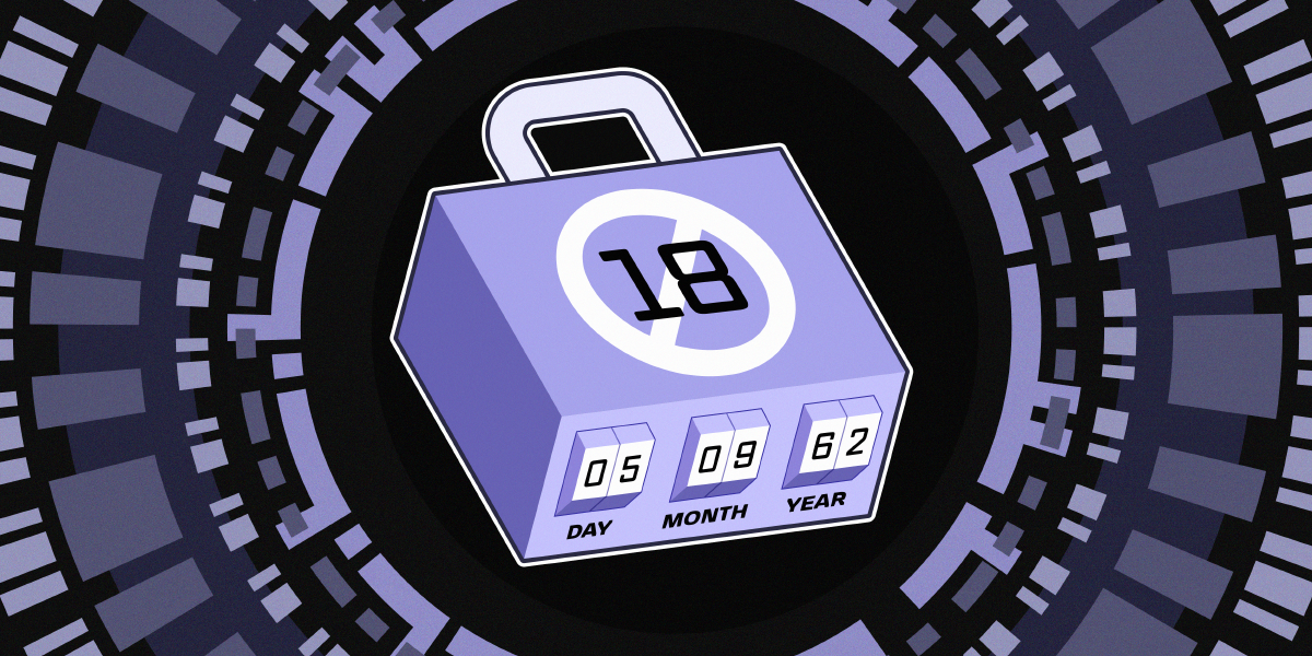 Purple padlock with an 18+ only symbol and a combination lock requiring Day, Month, and Year. 