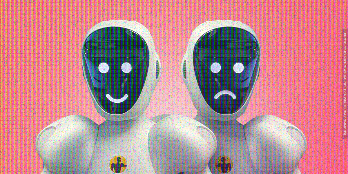 Two robots, one smiling, one frowning (photo: Nicholas-Halodi CC-BY) 
