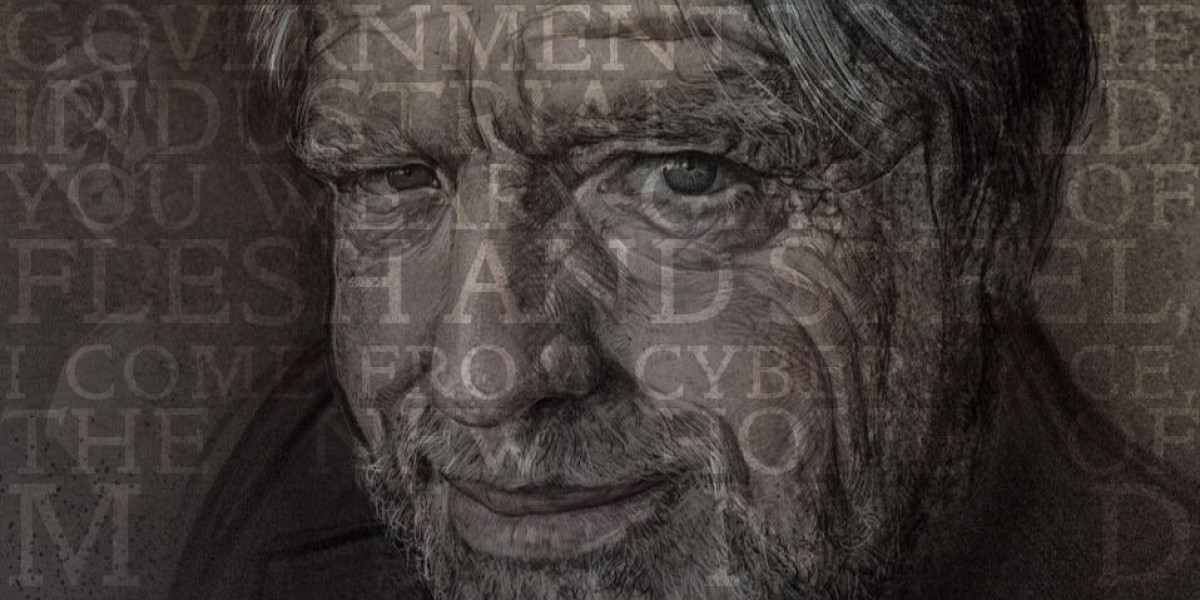 John Perry Barlow portrait with Declaration text