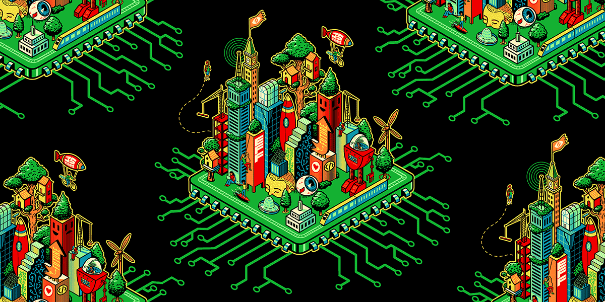 Green EFF 35th Anniversary digital cityscape on a black background.