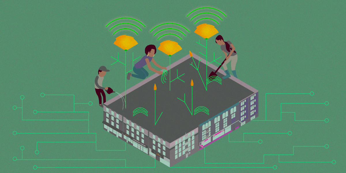 A child and two women cultivate a community garden