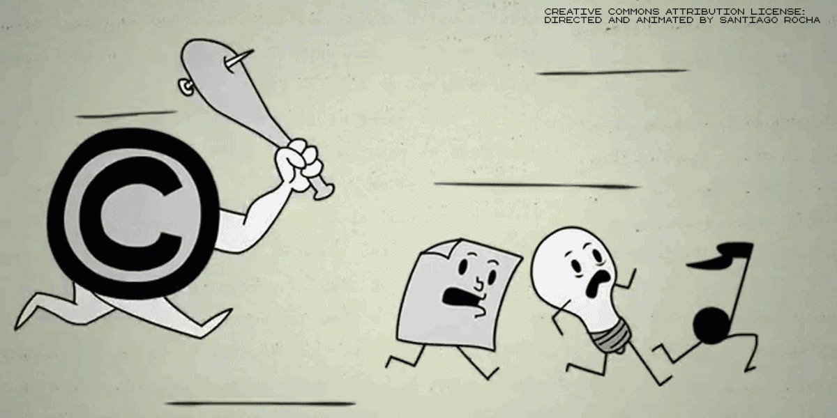 an animation of the copyright icon chasing a lightbulb, music note, and file down with a bat