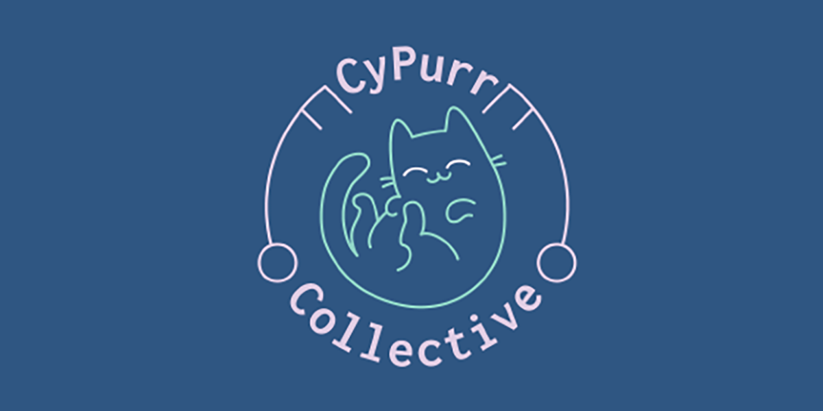 The logo of CyPurr Collective, with a happy cat cuddled between two keys.