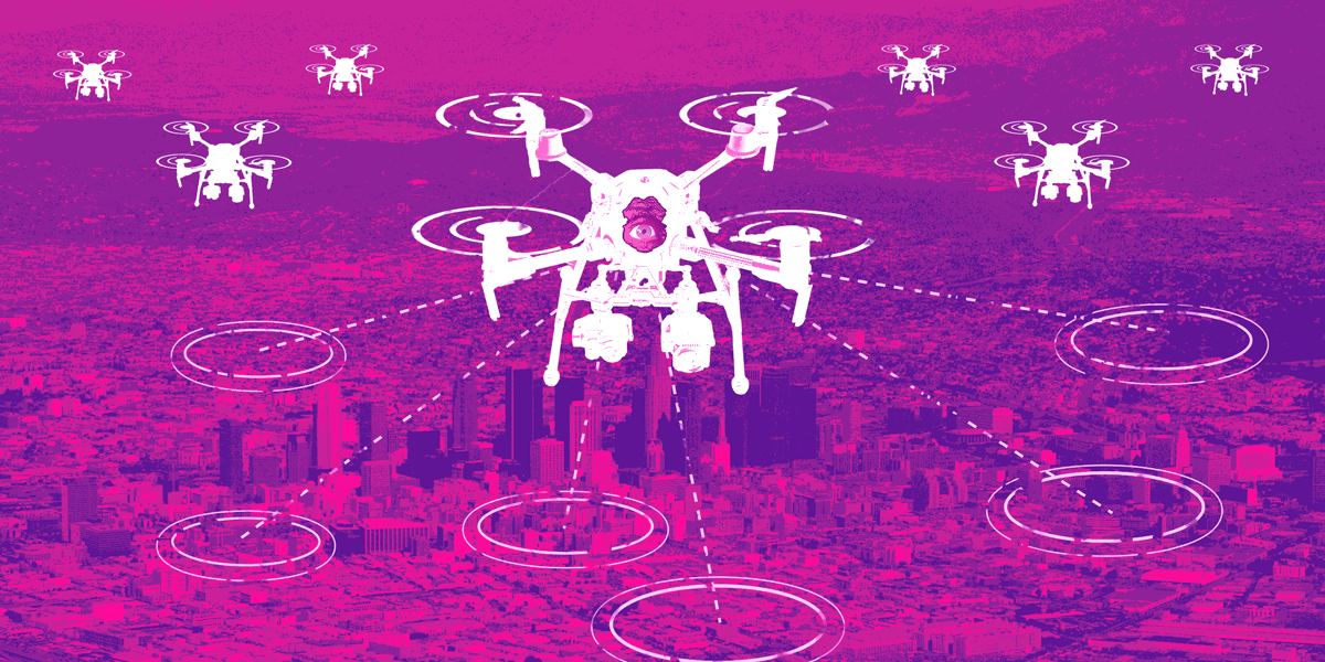 police spy drones hover above an urban city