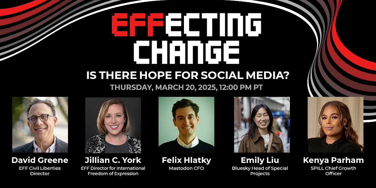 Words "EFFecting Change" on a black with red, white, and grey ribbons with photos of the panelists