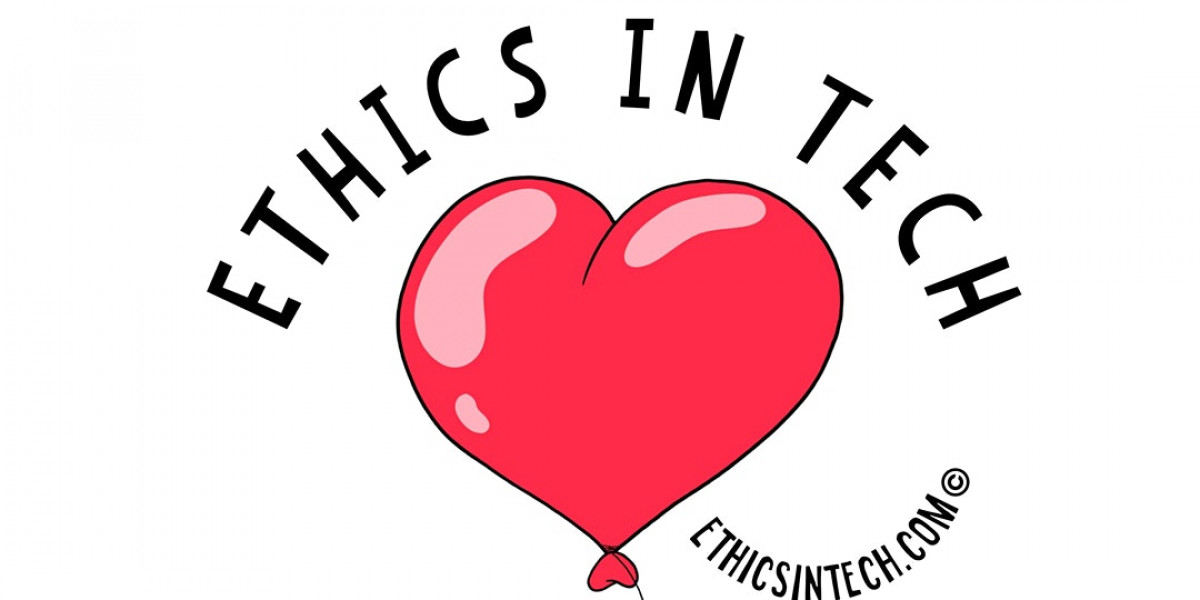 A red, heart-shaped balloon. underneath 'Ethics in Tech' written in black text