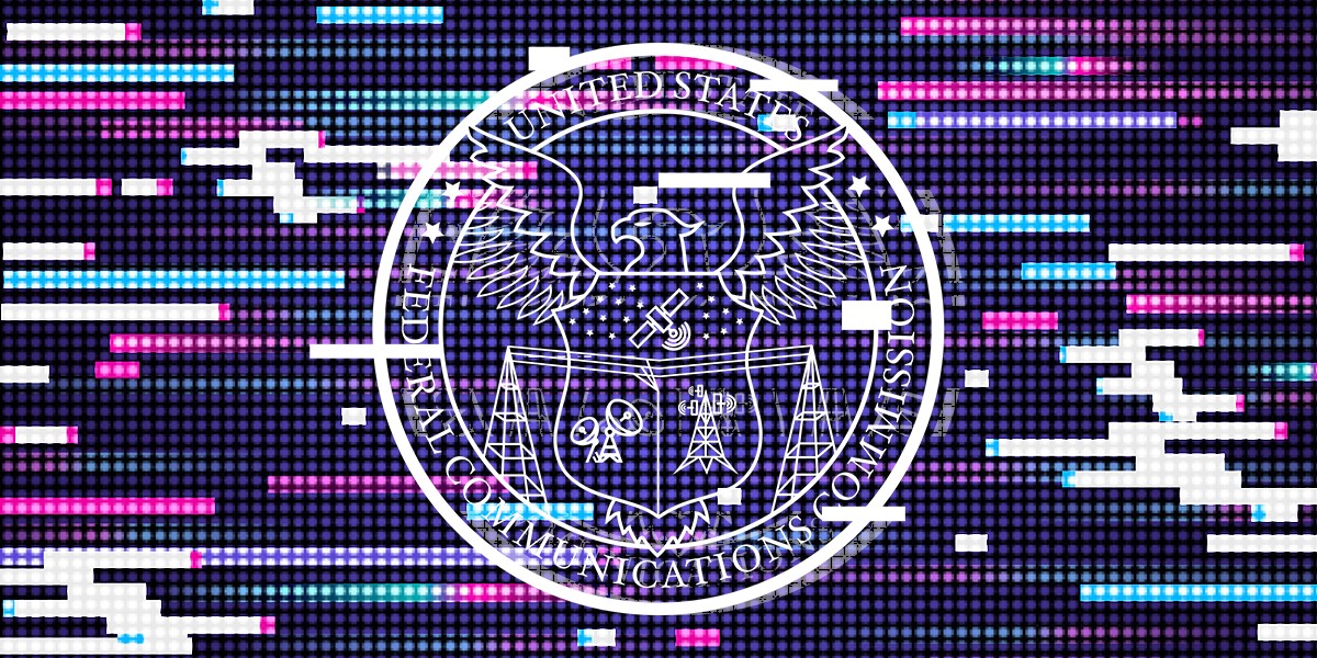 FCC logo on a glitch background