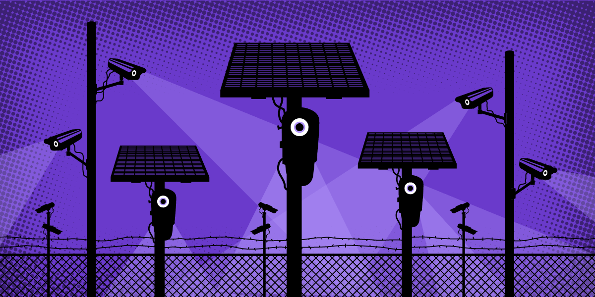 Flock cameras and surveillance cameras among barbed wire in a dystopian scene
