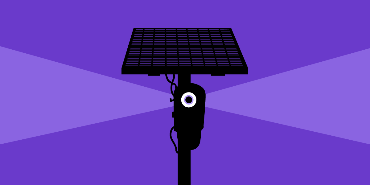A flock camera with spying eye, silhouetted against a dark purple ground.