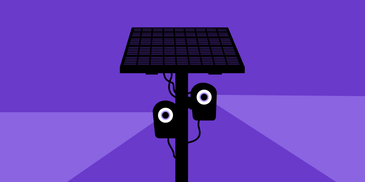 A flock camera with spying eyes, silhouetted against a dark purple ground.