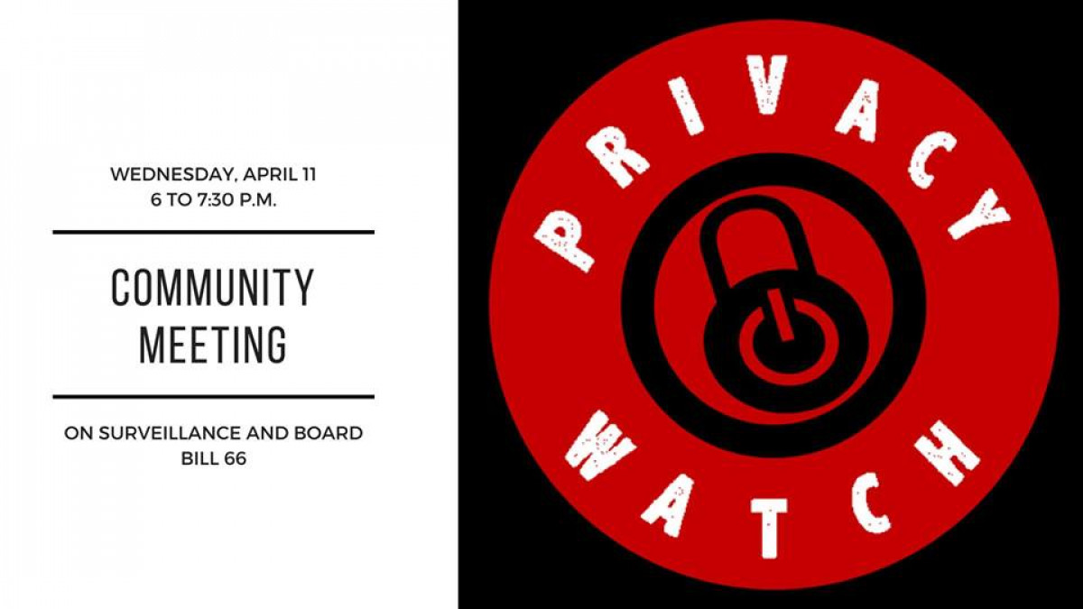 Image of Privacy Watch logo and meeting time and subject for their April 11th community meeting.