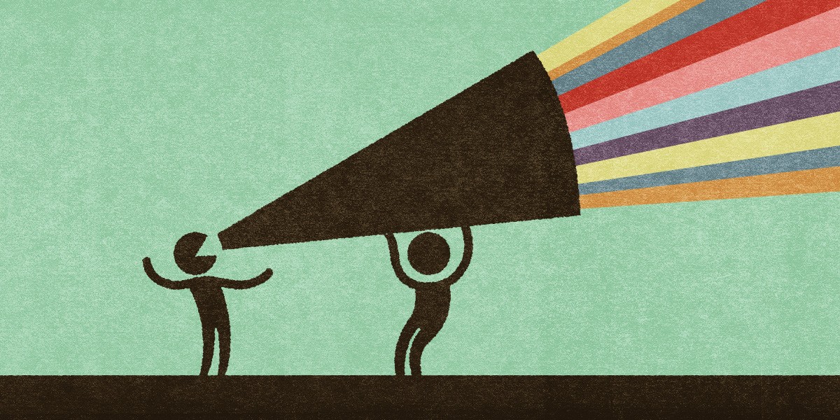 drawing of person shouting out of large megaphone held by other person