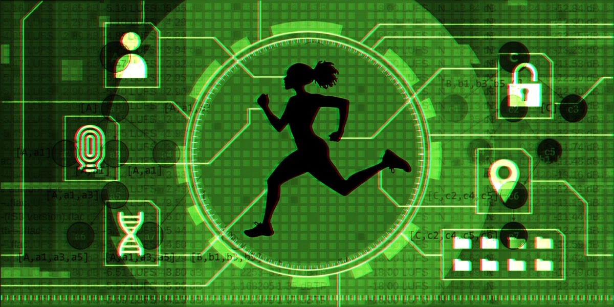 silhouette of running woman surrounded by digital interface