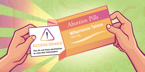 Picture of hands opening box of abortion pills and pulling out insert that says "Access Denied"