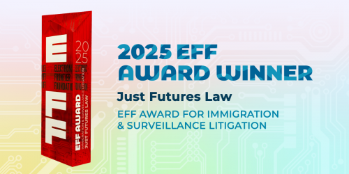 Red and white trophy with information about Just Futures Law