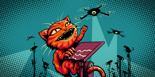 An orange cat climbs an ALPR camera to swat at surveillance drones in a blue night sky.