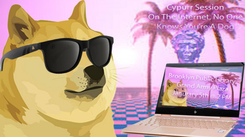 Picture of a Gloden Fluffy Dog wearing sunglasses with palm tress in the background. The Dog is looking at a laptop. The text on the laptop reads "Brooklyn Public Library, Grand Army Plaza, January 5th, @2pm."