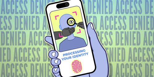 A blue hand holding a cellphone showing a verification screen and ACCESS DENIED in the background