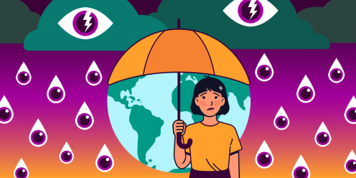 Age Verification Worldwide A person with a yellow umbrella stands beneath clouds with raining eyes. Behind them is a globe.