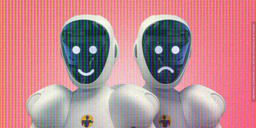 Two robots, one smiling, one frowning (photo: Nicholas-Halodi CC-BY) 