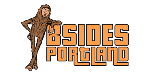 Sasquatch leaning on the BSides Portland logo.