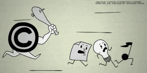an animation of the copyright icon chasing a lightbulb, music note, and file down with a bat