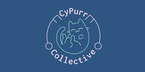 The logo of CyPurr Collective, with a happy cat cuddled between two keys.