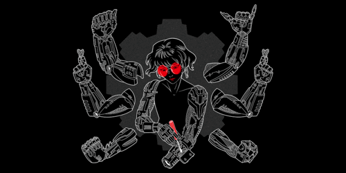 Person with red glasses adjusting six mechanical arms with ASL signs.