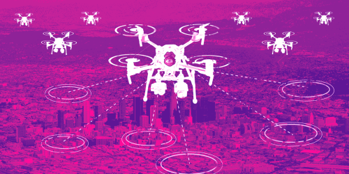 police spy drones hover above an urban city