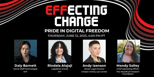 Words "EFFecting Change" on a black with red, white, and grey ribbons with photos of the panelists