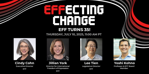 Words "EFFecting Change" on a black with red, white, and grey ribbons with photos of the panelists
