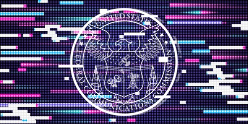 FCC logo on a glitch background