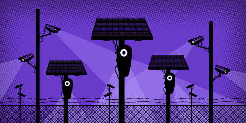 Flock cameras and surveillance cameras among barbed wire in a dystopian scene