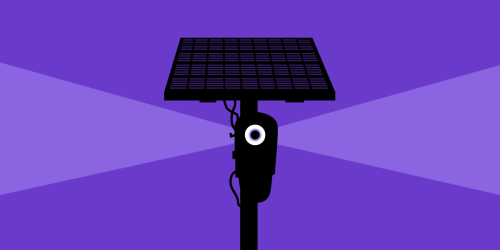 A flock camera with spying eye, silhouetted against a dark purple ground.