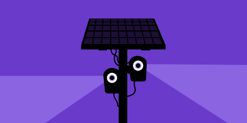 A flock camera with spying eyes, silhouetted against a dark purple ground.