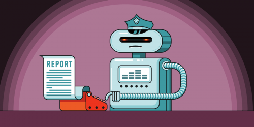 a sinister police robot types a report