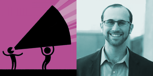 cartoon of a figure holding a megaphone for another + photo of Jacob Rogers