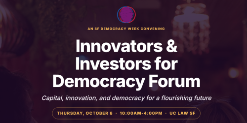 Innovator & Investors for Democracy Forum in white text against a purple backdrop