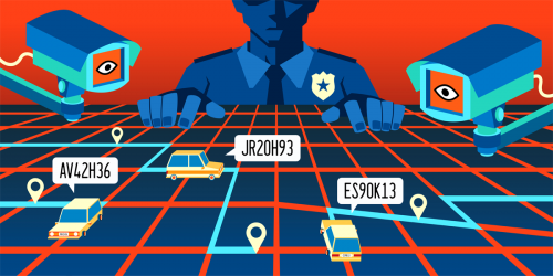 sinister cop and cameras loom over street grid with cars identified by license plate numbers