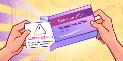 two hands holding a box of mifepristone tablets, with a sheet reading "access denied" pulled out