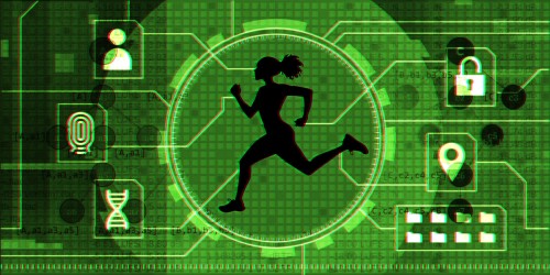 silhouette of running woman surrounded by digital interface