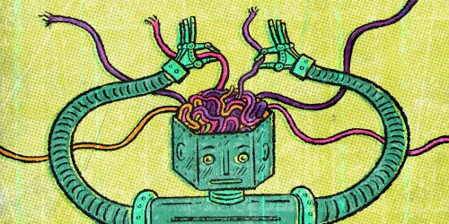 Illustrated robot performing brain surgery on itself
