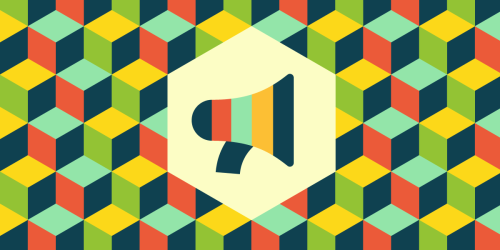 bullhorn icon over a grid of colorful hexagons