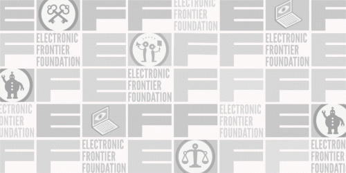 A gray pattern of EFF's letters in blocks, with the new red and black logo revealing itself.