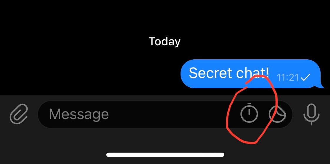 To turn on self-destructing messages, click the clock icon at the bottom of a secret chat. AN image from Telegram. The clock icon is highlighted.